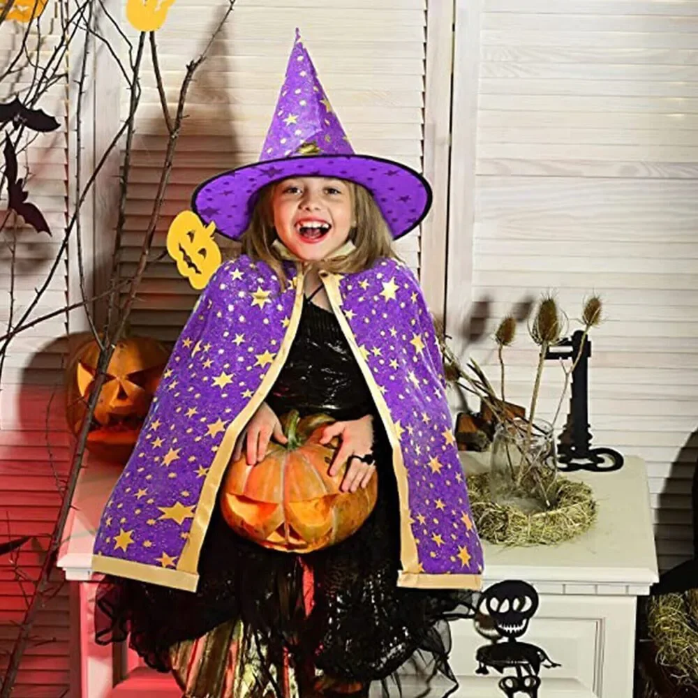 Kids Halloween Costume Fancy Dress Up Cloak & Witch Hat Set For Halloween Party